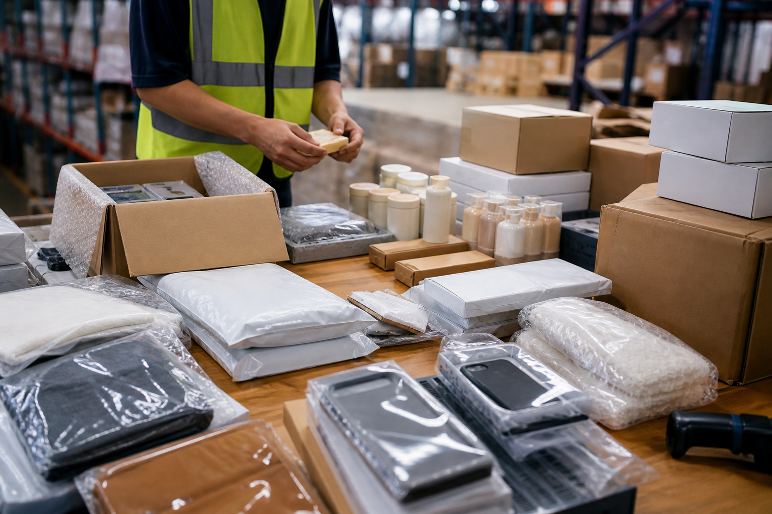 Wholesale products arranged for packing verification in a warehouse