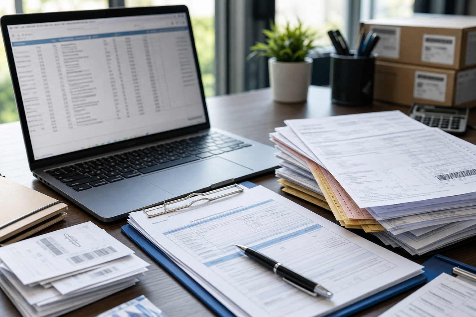 Trade documents, laptop, and shipping paperwork on an office desk
