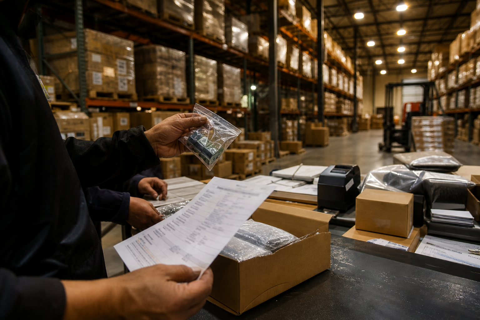 Warehouse quality control table with packed goods and paperwork